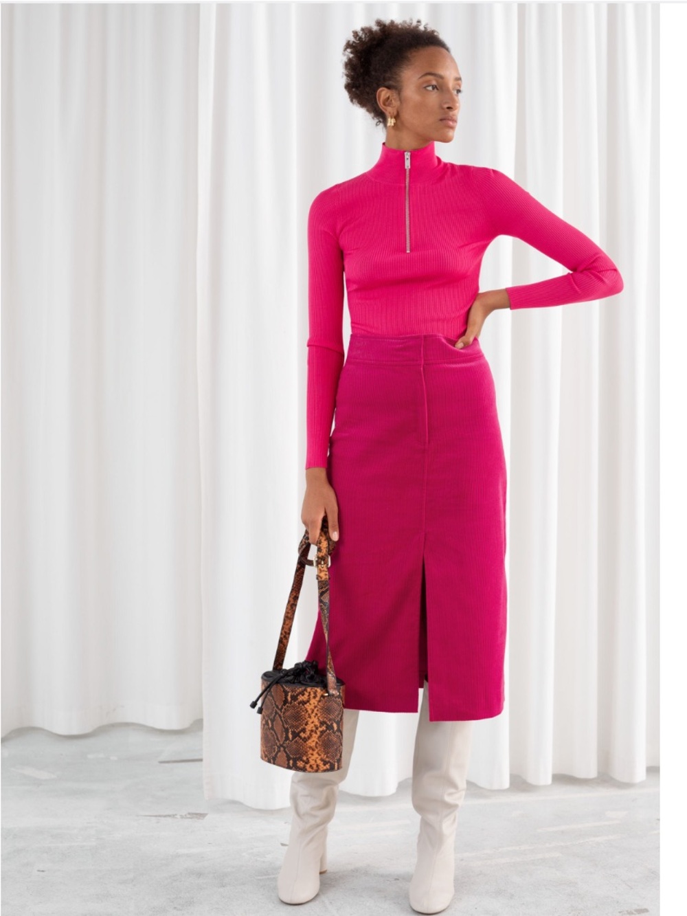 NWT And Other Stories Corduroy Front Split Midi Skirt Bright Pink 2